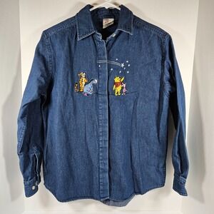 Disney Store Winnie the Pooh Friends Embroidered Denim Shirt Womens Medium Blue